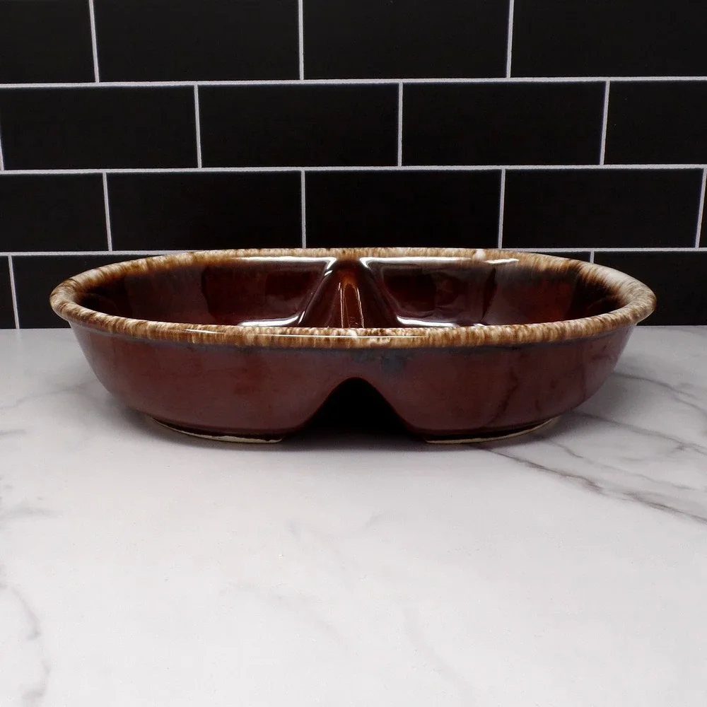 Vintage Hull Brown Drip Divided Platter or Serving Bowl, oven-safe, made in USA